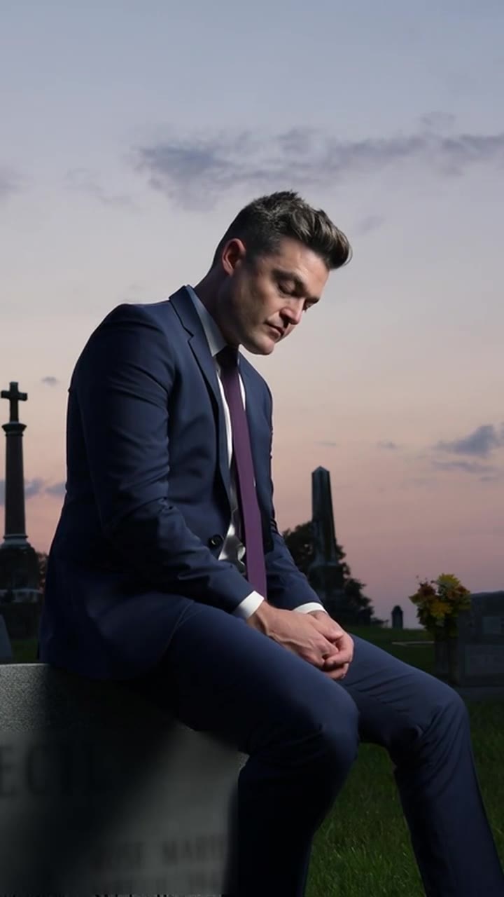 Nathan Morris in a navy suit and purple tie sits on a headstone at dusk, head bowed, hands clasped.