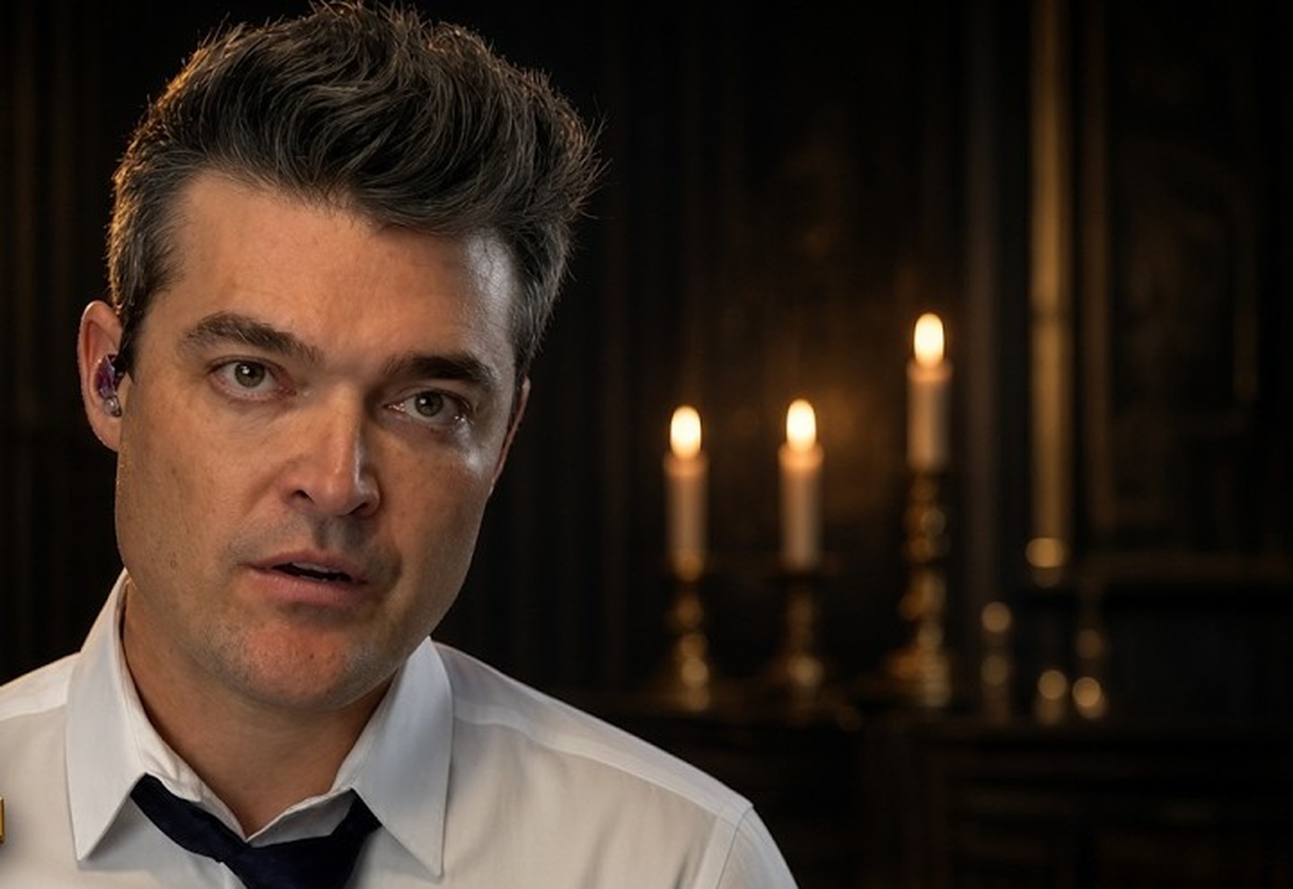 Nathan Morris in a white shirt and loosened navy tie, in a dark parlor lit by three candles.